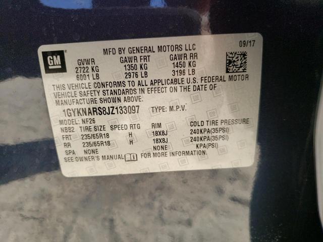 1GYKNARS8JZ133097 - 2018 CADILLAC XT5 BLUE photo 10