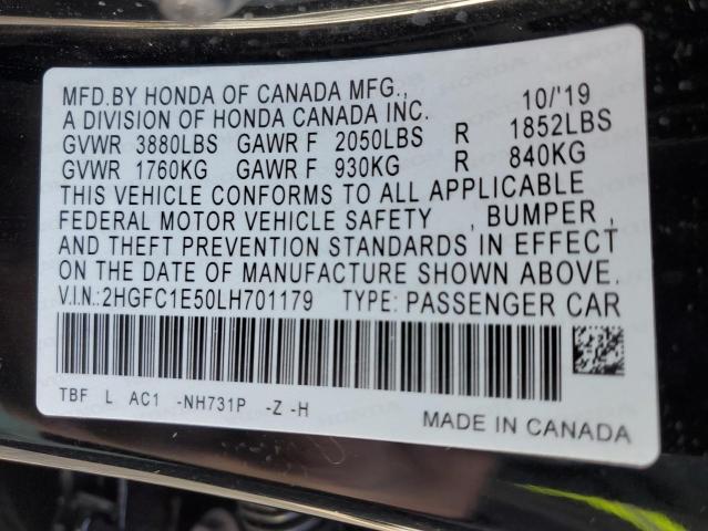 2HGFC1E50LH701179 - 2020 HONDA CIVIC SI BLACK photo 10