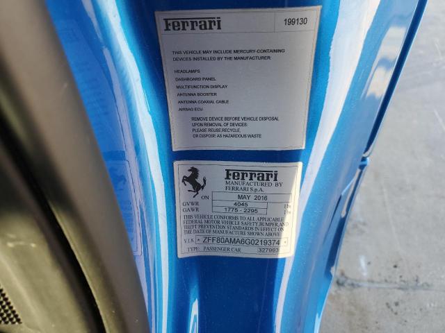 ZFF80AMA6G0219374 - 2016 FERRARI 488 SPIDER BLUE photo 13