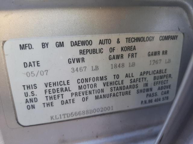 KL1TD56688B002001 - 2008 CHEVROLET AVEO BASE SILVER photo 10