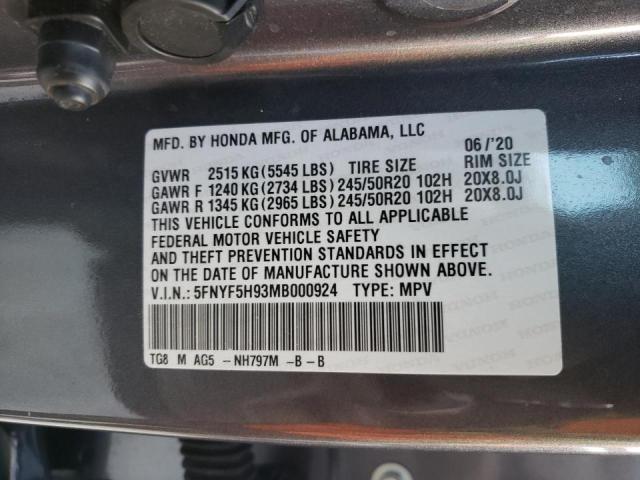 5FNYF5H93MB000924 - 2021 HONDA PILOT TOUR GRAY photo 10