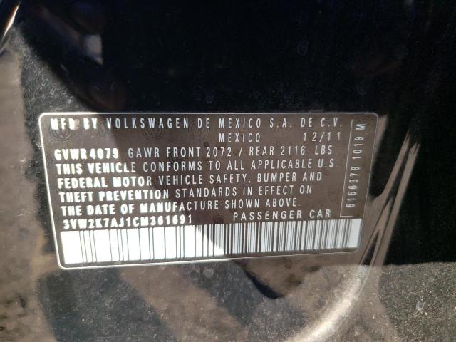 3VW2K7AJ1CM361691 - 2012 VOLKSWAGEN JETTA BASE 黑色 照片 10