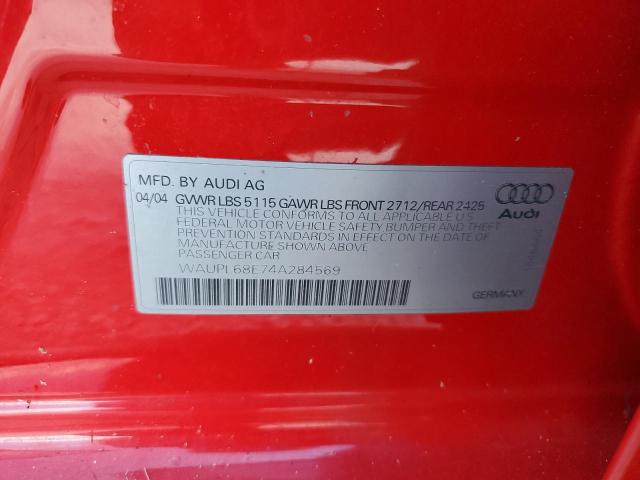 WAUPL68E74A284569 - 2004 AUDI S4 RED photo 10