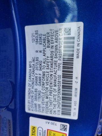 2HGFE2F5XNH558100 - 2022 HONDA CIVIC SPOR 蓝色 照片 13