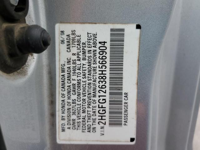 2HGFG12638H566904 - 2008 HONDA CIVIC LX SILVER photo 10