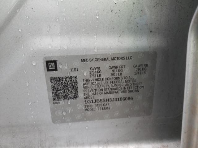 1G1JB5SH3J4106086 - 2018 CHEVROLET SONIC LS SILVER photo 10