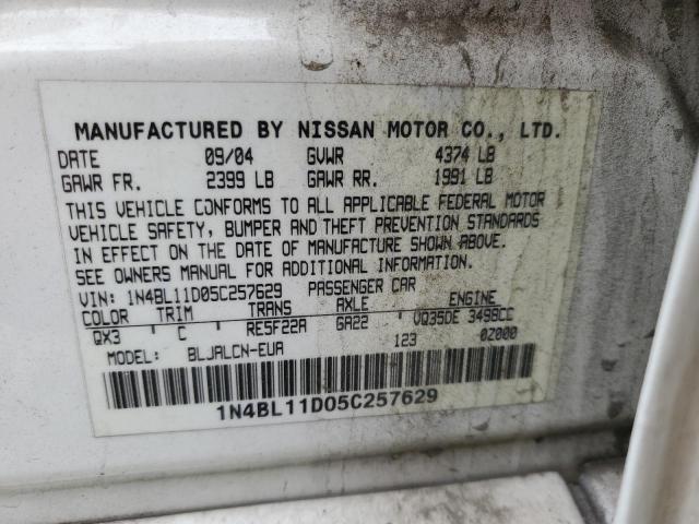 1N4BL11D05C257629 - 2005 NISSAN ALTIMA SE WHITE photo 12