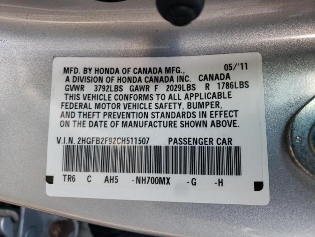 2HGFB2F92CH511507 - 2012 HONDA CIVIC EXL Srebrny zdjęcie 10