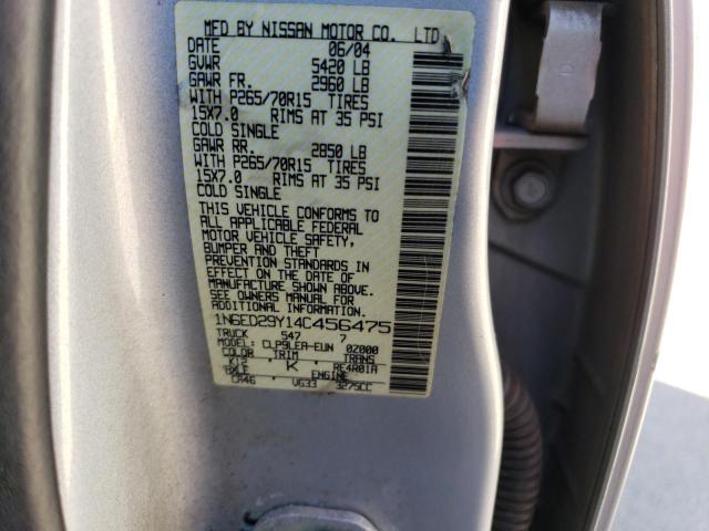 1N6ED29Y14C456475 - 2004 NISSAN FRONTIER C SILVER photo 10