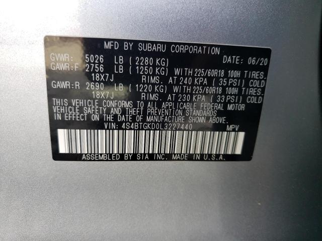 4S4BTGKD0L3227440 - 2020 SUBARU OUTBACK ON SILVER photo 10