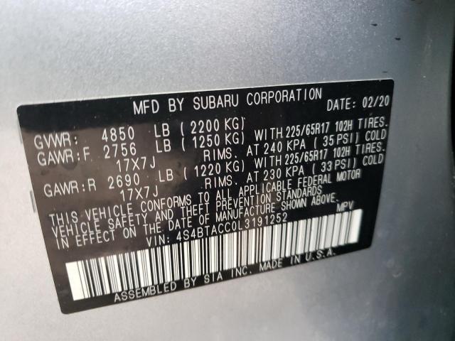 4S4BTACC0L3191252 - 2020 SUBARU OUTBACK PR SILVER photo 10