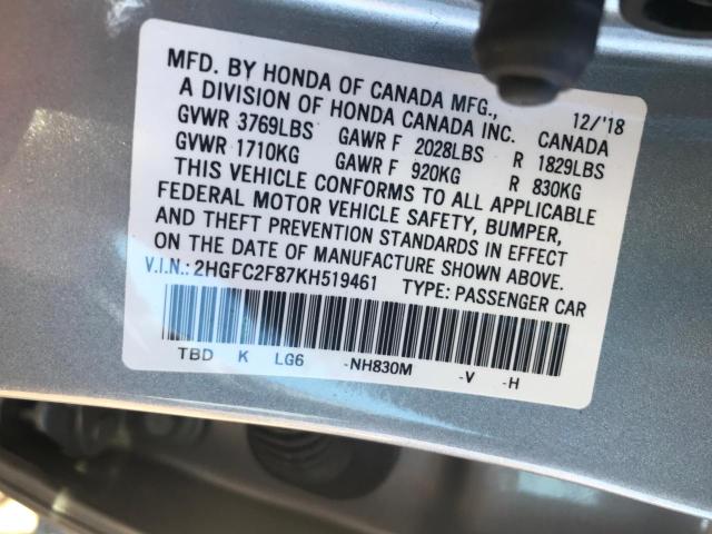 2HGFC2F87KH519461 - 2019 HONDA CIVIC SPOR SILVER photo 10