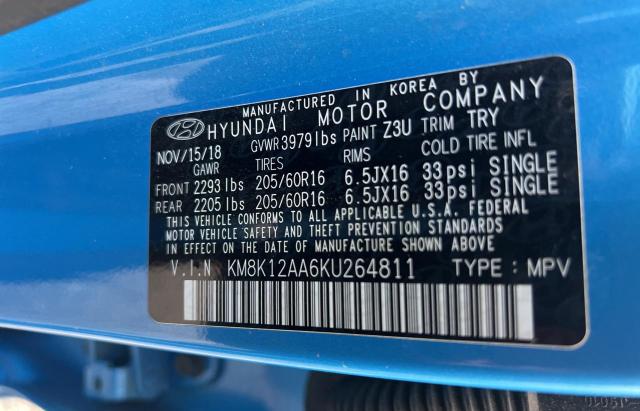 KM8K12AA6KU264811 - 2019 HYUNDAI KONA SE BLUE photo 10