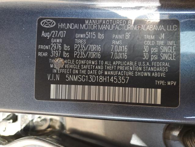 5NMSG13D18H145357 - 2008 HYUNDAI SANTA FE G GRAY photo 10