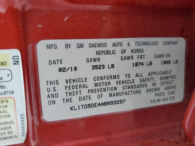 KL1TD5DE4AB093297 - 2010 CHEVROLET AVEO LS 红色 照片 10