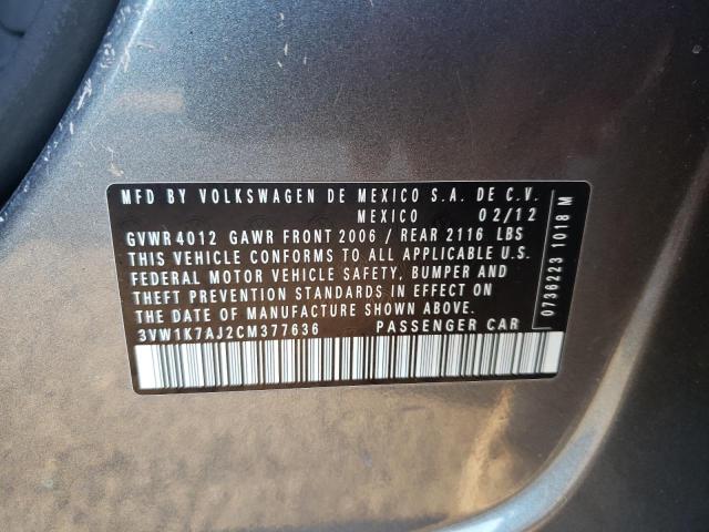 3VW1K7AJ2CM377636 - 2012 VOLKSWAGEN JETTA BASE 灰色 照片 10
