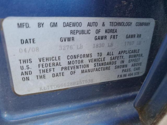 KL1TD66628B257538 - 2008 CHEVROLET AVEO BASE BLUE photo 10