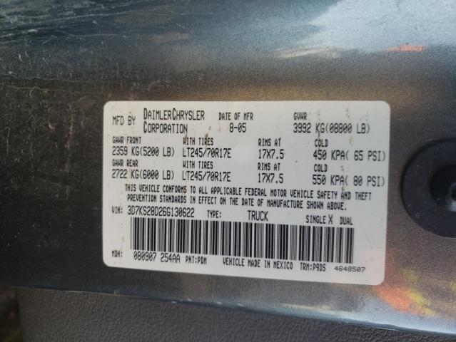 3D7KS28D26G130622 - 2006 DODGE RAM 2500 S GRAY photo 10