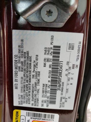 3FA6P0VP3HR354771 - 2017 FORD FUSION SPO MAROON photo 10