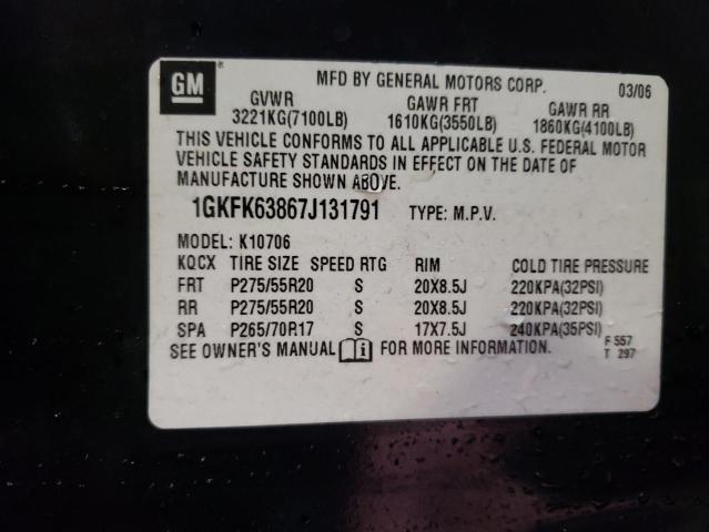 1GKFK63867J131791 - 2007 GMC YUKON DENA BLACK photo 10