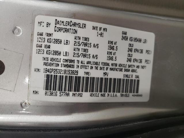 1B4GP25321B153829 - 2001 DODGE CARAVAN SILVER photo 10