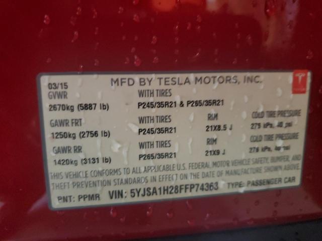 5YJSA1H28FFP74363 - 2015 TESLA MODEL S 85 RED photo 10