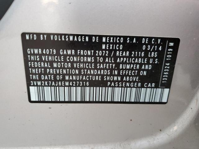 3VW2K7AJ6EM427316 - 2014 VOLKSWAGEN JETTA BASE SILVER photo 10
