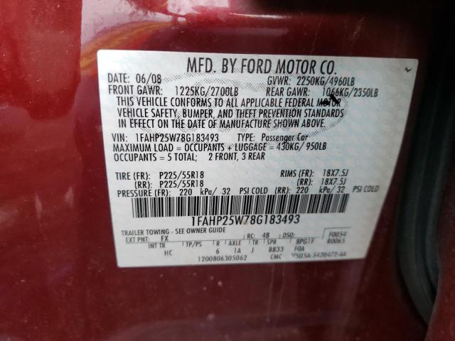 1FAHP25W78G183493 - 2008 FORD TAURUS LIM MAROON photo 13