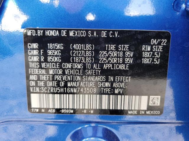 3CZRU5H16NM743508 - 2022 HONDA HR-V SPORT BLUE photo 10