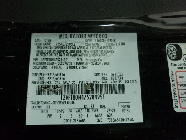 1ZVFT80N475284951 - 2007 FORD MUSTANG 2D BLACK photo 10