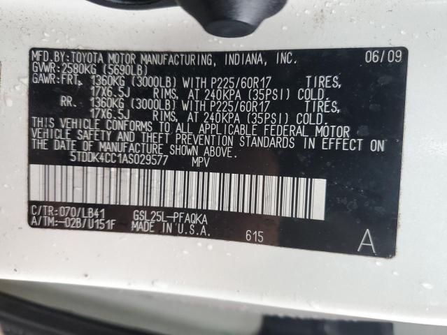 5TDDK4CC1AS029577 - 2010 TOYOTA SIENNA XLE WHITE photo 10