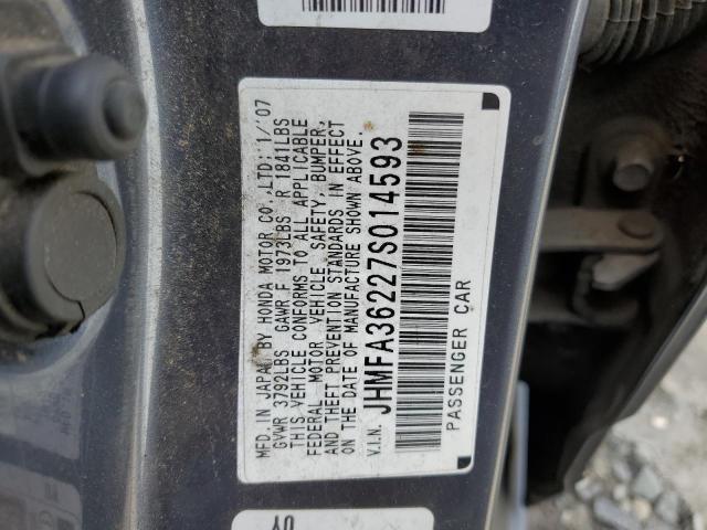 JHMFA36227S014593 - 2007 HONDA CIVIC HYBR GRAY photo 10