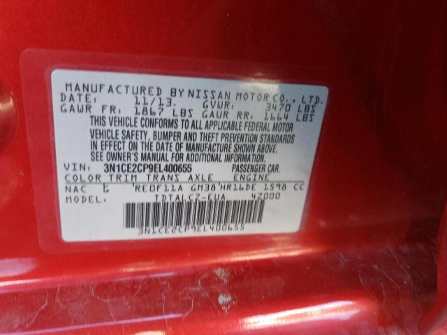 3N1CE2CP9EL400655 - 2014 NISSAN VERSA RED photo 10