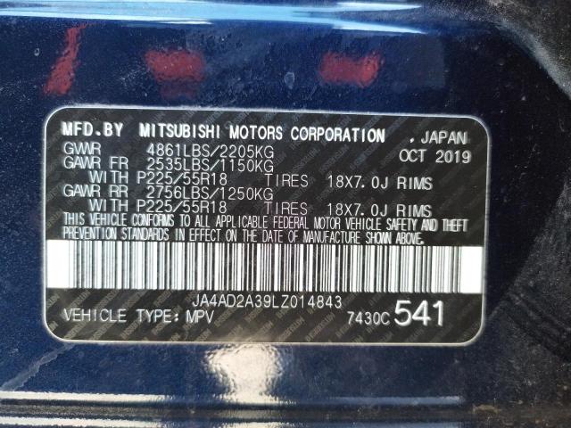 JA4AD2A39LZ014843 - 2020 MITSUBISHI OUTLANDER Mavi foto 10