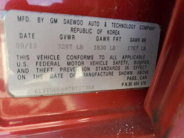 KL1TD66687B727358 - 2007 CHEVROLET AVEO BASE RED photo 10