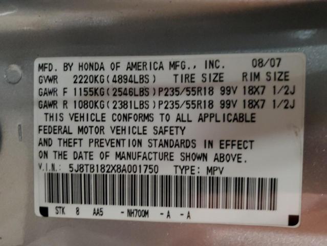 5J8TB182X8A001750 - 2008 ACURA RDX SILVER photo 10