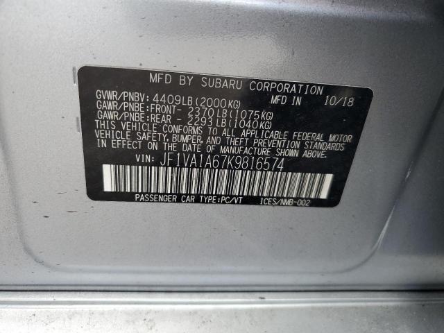 JF1VA1A67K9816574 - 2019 SUBARU WRX SILVER photo 10