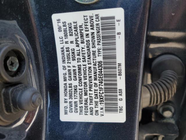 19XFC1F74GE044306 - 2016 HONDA CIVIC EXL Bleu photo 10