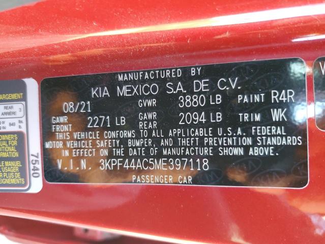 3KPF44AC5ME397118 - 2021 KIA FORTE GT RED photo 12