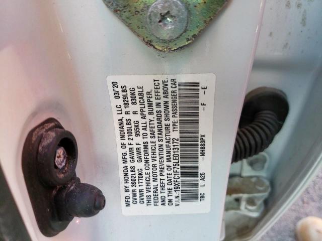 19XFC1F75LE013172 - 2020 HONDA CIVIC EXL Biały zdjęcie 10