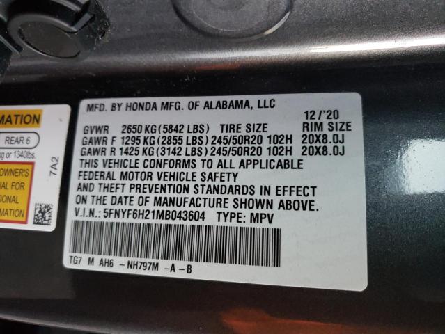 5FNYF6H21MB043604 - 2021 HONDA PILOT SE GRAY photo 13