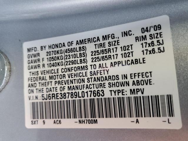 5J6RE38789L017663 - 2009 HONDA CR-V EXL SILVER photo 10