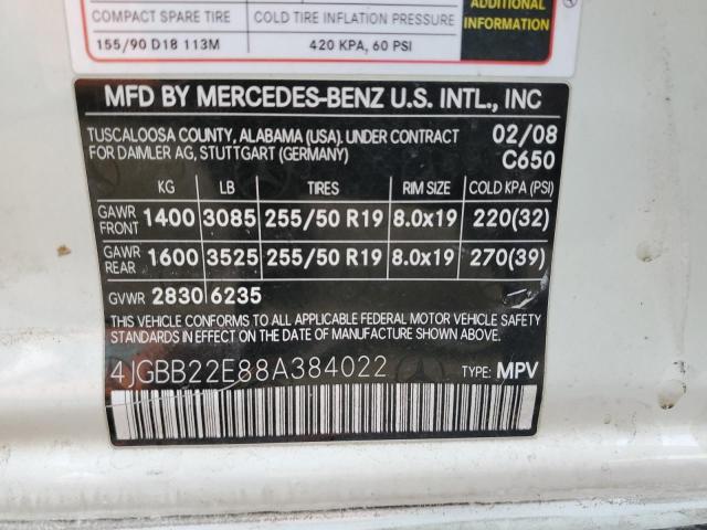 4JGBB22E88A384022 - 2008 MERCEDES-BENZ ML 320 CDI WHITE photo 10