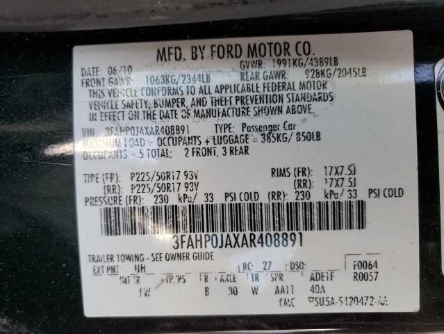 3FAHP0JAXAR408891 - 2010 FORD FUSION SEL BLACK photo 10