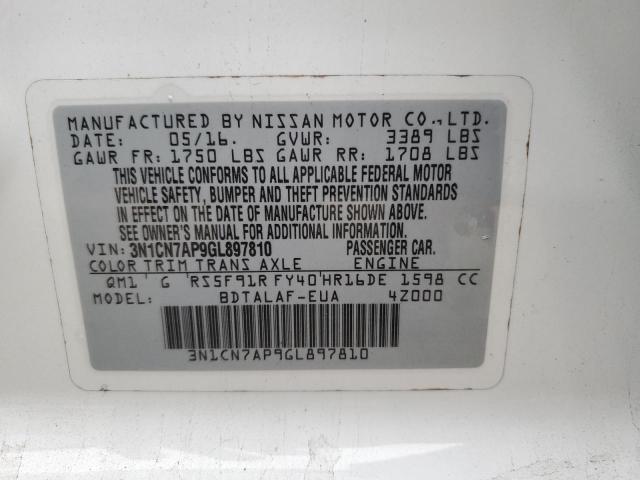 3N1CN7AP9GL897810 - 2016 NISSAN VERSA WHITE photo 10