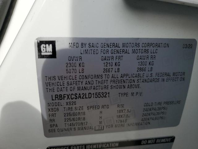 LRBFXCSA2LD155321 - 2020 BUICK ENVISION E WHITE photo 10