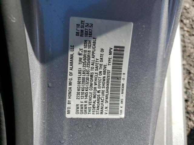 5FNRL6H84KB028707 - 2019 HONDA ODYSSEY TO SILVER photo 10