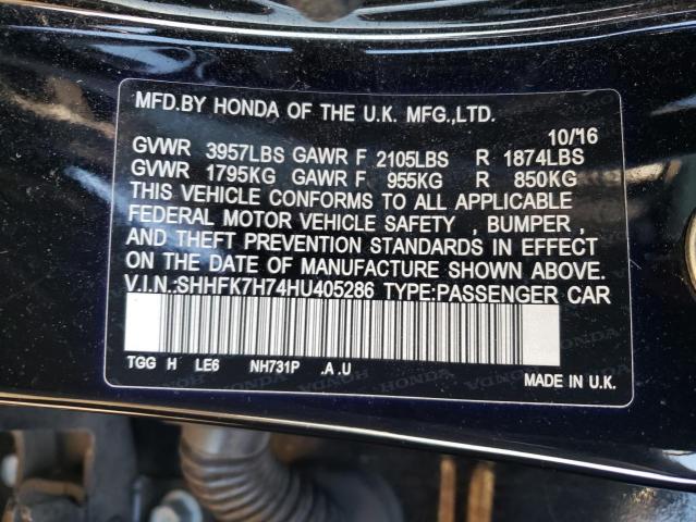 SHHFK7H74HU405286 - 2017 HONDA CIVIC EXL أسود صورة 10