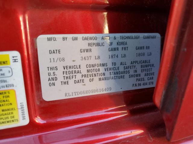KL1TD66E09B616409 - 2009 CHEVROLET AVEO LS 红色 照片 10