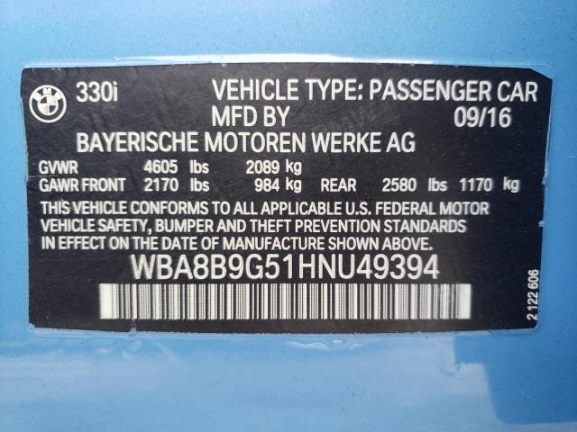 WBA8B9G51HNU49394 - 2017 BMW 330 I BLUE photo 10